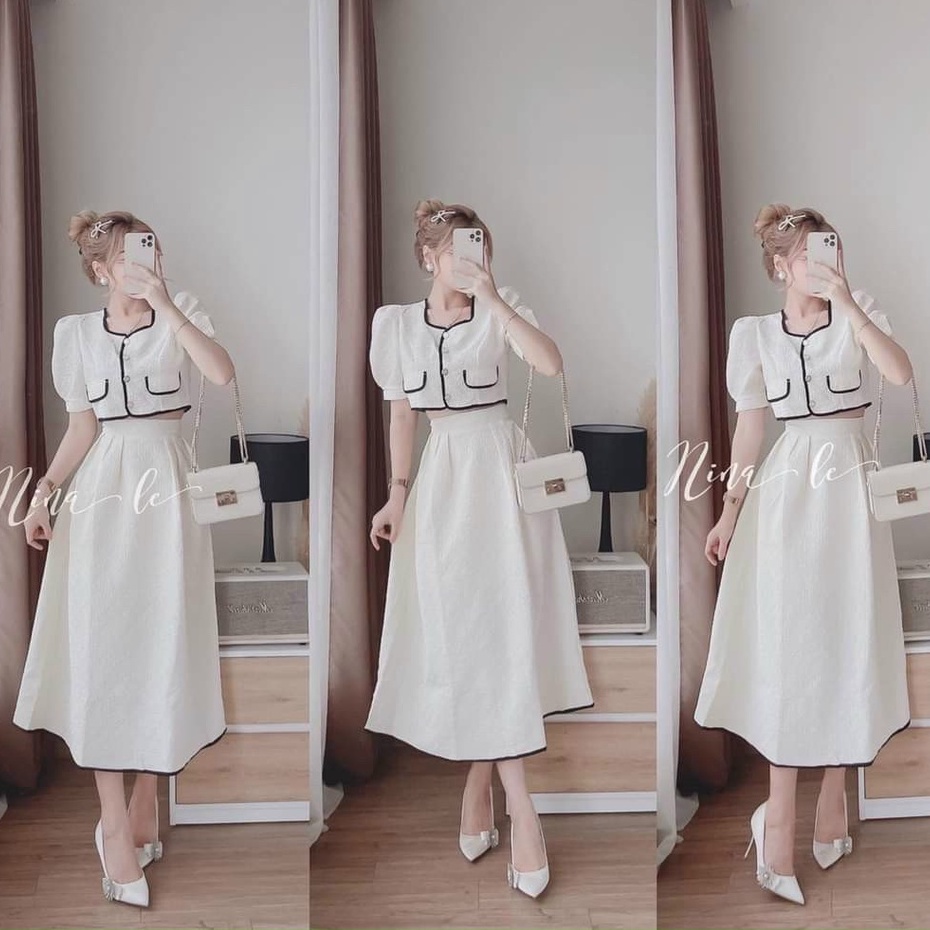 Sét áo và chân váy nữ váy dáng xoè kèm áo viền né tay ngắn giả túi cho nàng dự tiệc xiêu xinh
