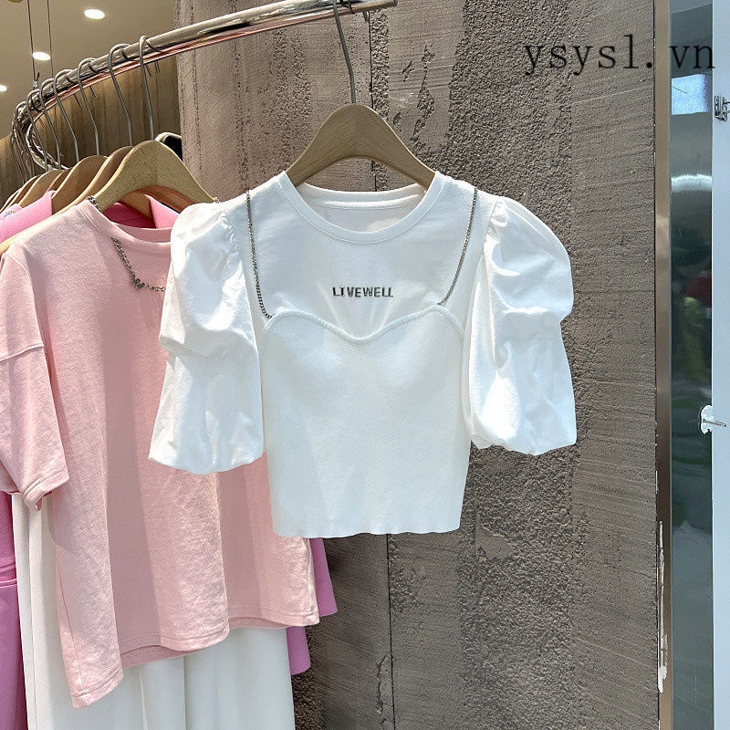 Áo Thun Tay Ngắn Phồng Cổ Tròn Giả Hai Mảnh Thiết Kế Mẫu Mới 2022 Phong Cách Hàn Quốc Thời Trang Mùa Hè Dành Cho Bạn Nữ