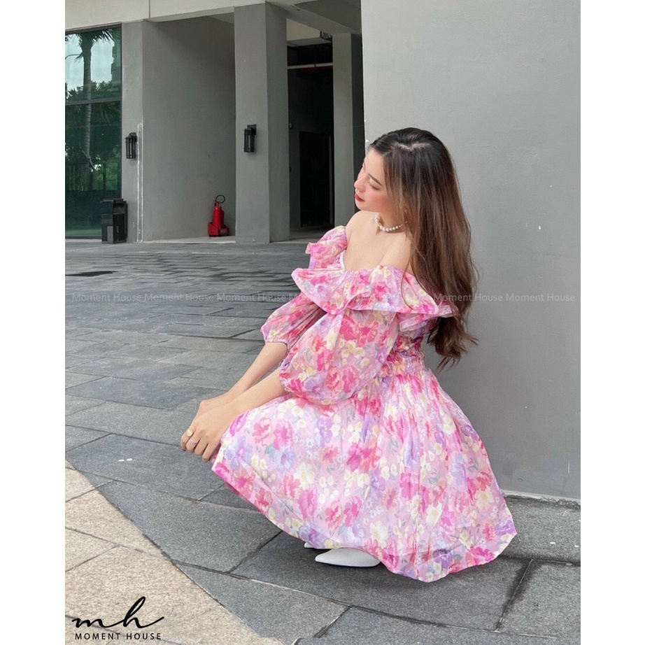 Đầm hoa xòe trễ vai , có tay , KIRA DRESS, may 2 lớp chuẩn xịn hàng thiết kế,form tùng xòe