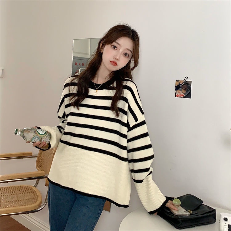 Áo sweater dệt kim tay dài form rộng xẻ tà họa tiết kẻ sọc thời trang thu đông 6001