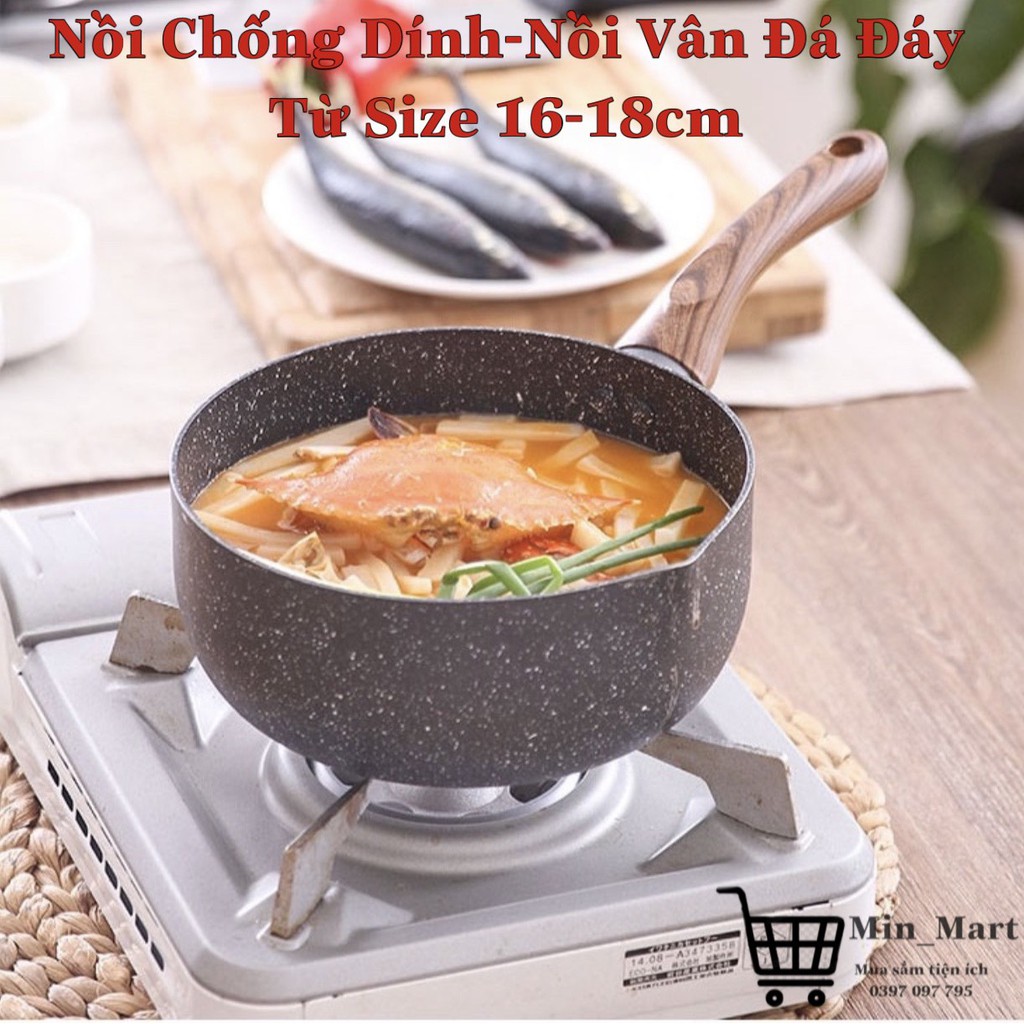 Nồi Vân Đá Đáy Từ Chống Dính, Nồi Quánh Đáy 3 Lớp Size 16-18cm Hợp Kim Nhôm, Nắp Kính Cường Lực Tay Cầm Chống Bỏng