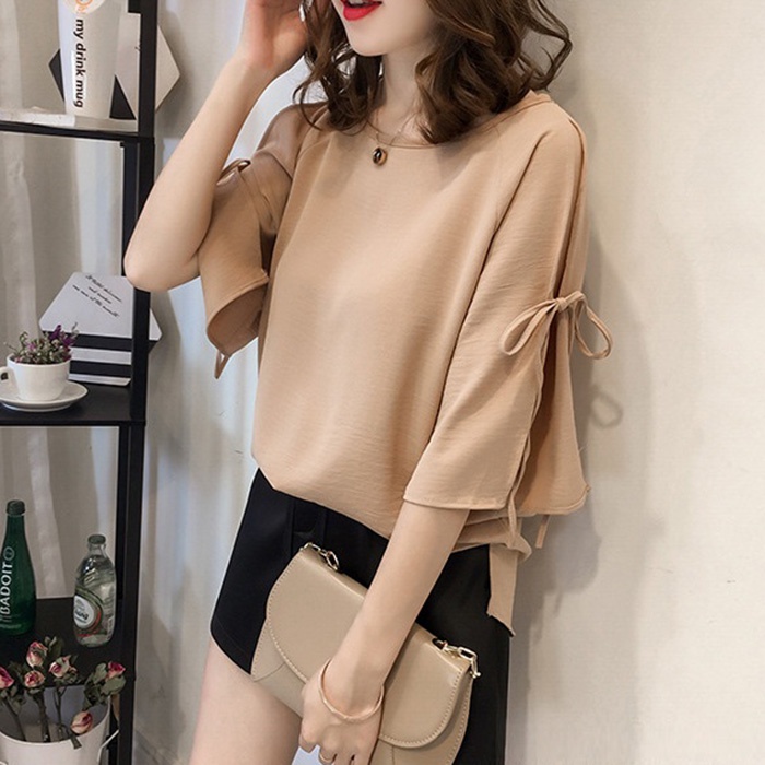 (TỔNG KHO LÂM ANH CHUYÊN SỈ) Áo kiểu nữ cổ tròn chiffon tay thắt lơ điệu đà, thời trang hè thu 2022 - Màu da