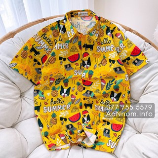 Áo Sơ Mi Hoạt Hình Đi Biển Nhóm Lớp - Hello Summer Vàng - Có đủ size Em Bé, S, M, L, XL, XXL, XXXL - #AA