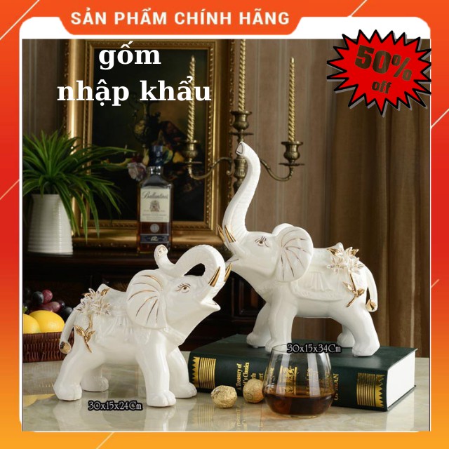 [ GỐM NHẬP KHẨU ] Bộ 2 Tượng Voi Băng Gốm Viền Vàng- DECOR Bàn ,Tủ Cao Cấp Sang Trọng