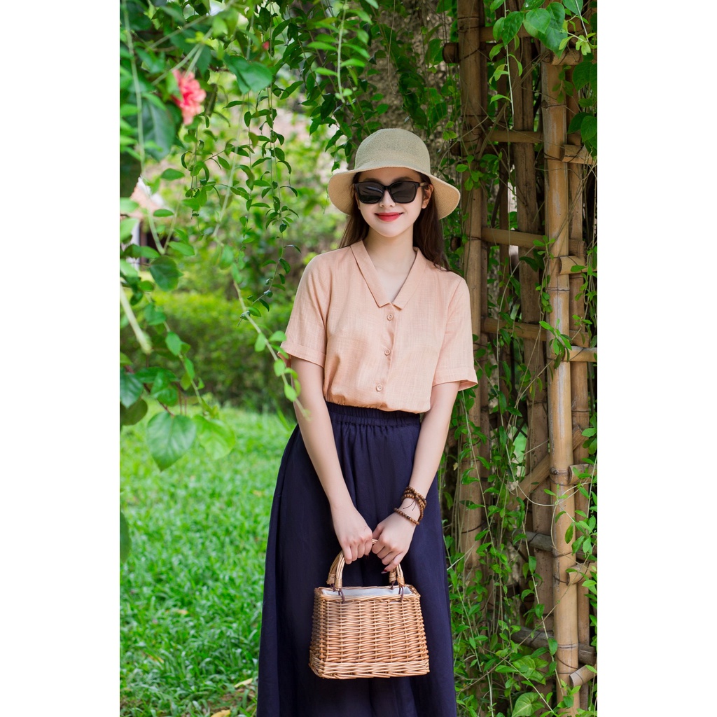 Bộ Đồ Linen Nữ ELVAX Áo Sơ Mi Suông Tay Cộc Cổ V Bẻ, Chân Váy Dài Xanh Than Linen Gân Xước