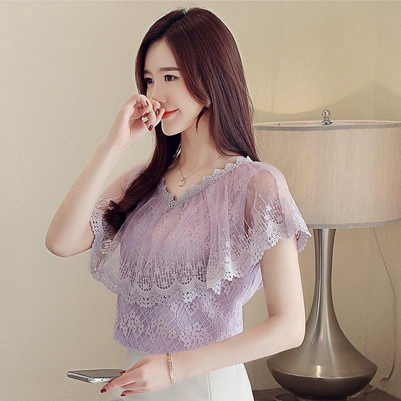 Áo kiểu chiffon phối ren hoa cổ V nữ tính