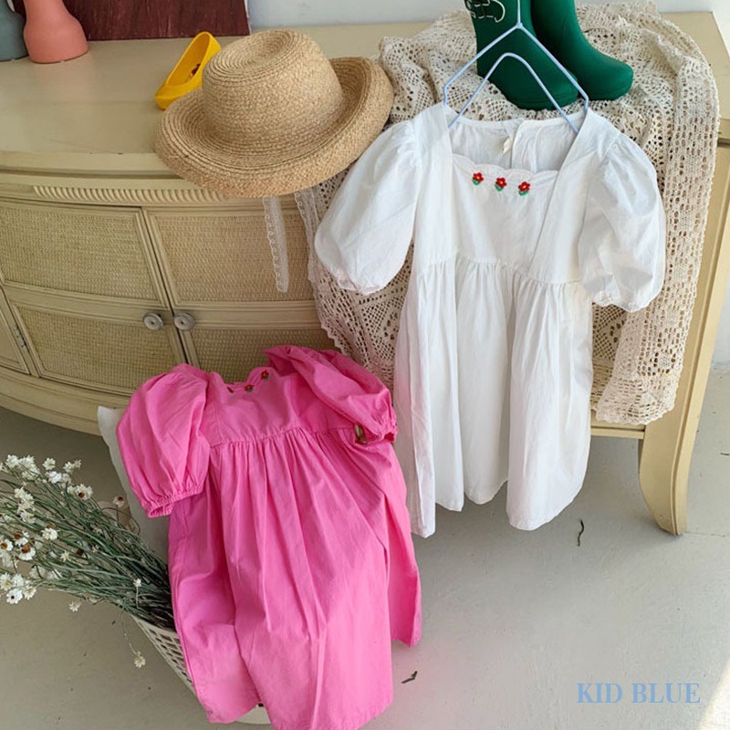 Đầm Công Chúa Tay Phồng Cổ Vuông Thêu Họa Tiết Hoa Phong Cách Hàn Quốc Thời Trang Mùa Hè Cho Bé Gái