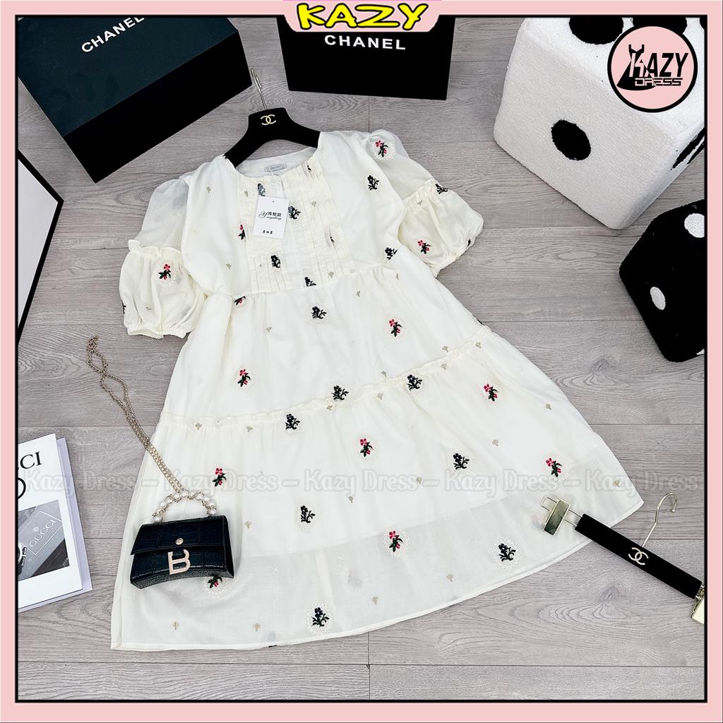 Váy babydoll chất vải thô đũi hoa thêu nổi phong cách dễ thương KAZY DRESS V057