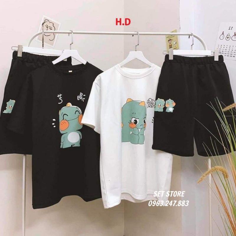 Set bộ thể thao nam nữ in khủng long,bộ hè nam nữ cute - 2 màu ĐEN,TRẮNG
