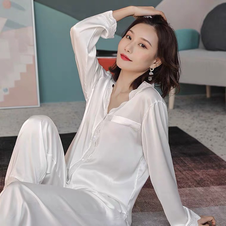 Bộ Ngủ Lụa, Bộ Mặc Nhà Pyjama Lụa Ren Tiểu Thư Dài Tay