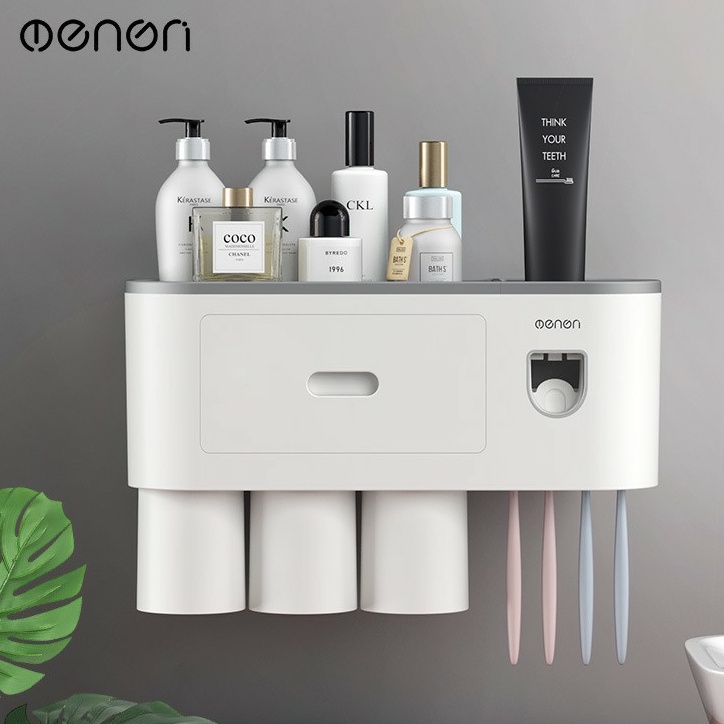 Bộ Nhả Kem Đánh Răng Tự Động, Kệ Để Đồ Phòng Tắm Cao Cấp Oenon Kèm Cốc Hút Từ