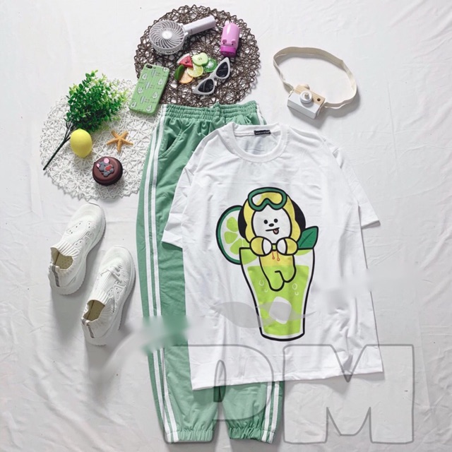 Sét áo gấu và trà + quần bo gấu xanh