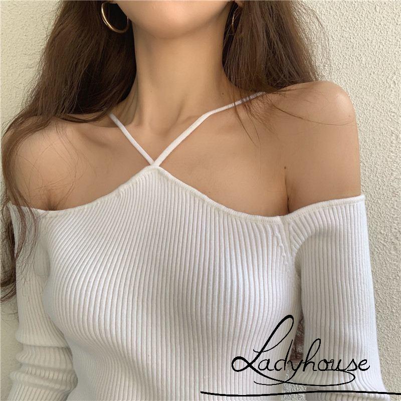 LD-Áo Dệt Kim Trễ Vai Màu Trơn Phong Cách Hàn Quốc Dành Cho Nữ