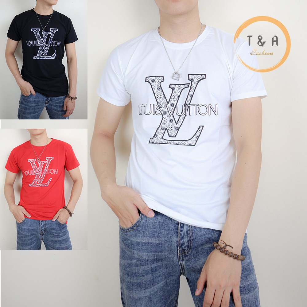 Áo thun nam nữ cotton cổ tròn đẹp, áo cặp cao cấp xuất khẩu màu trắng đỏ đen tay ngắn họa tiết LV