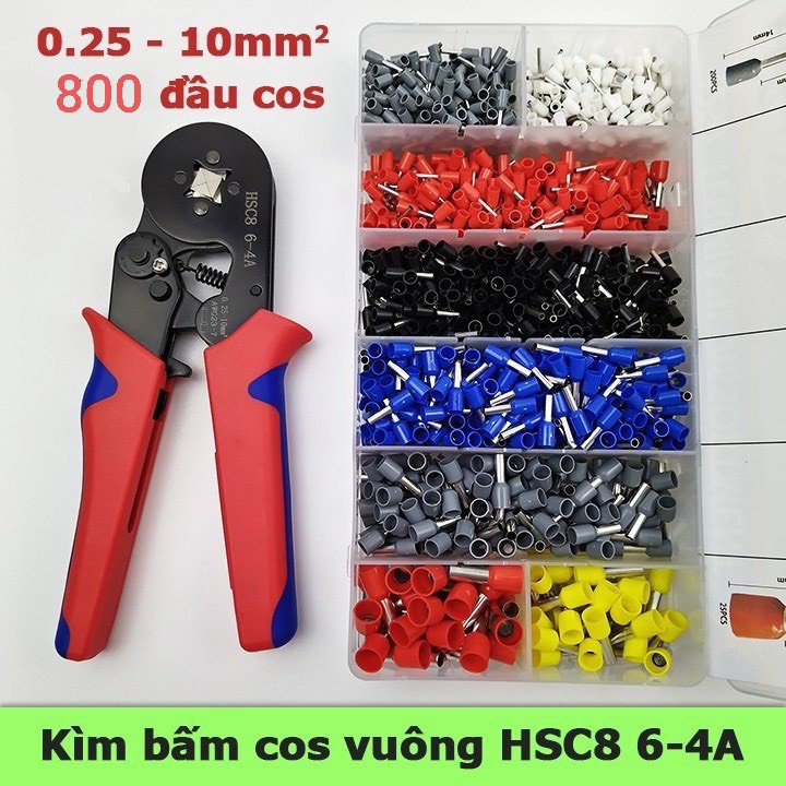 Kìm bấm cos vuông HSC8 6-4A tự điều chỉnh kèm 800 đầu cos đủ loại cos ống tròn cos pin