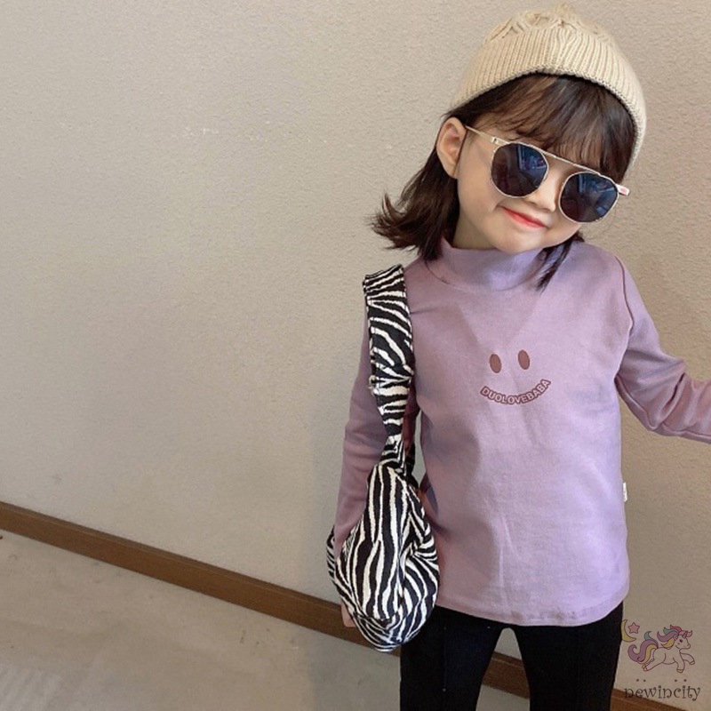 Áo thun cotton cổ lọ họa tiết hoạt hình cho bé gái