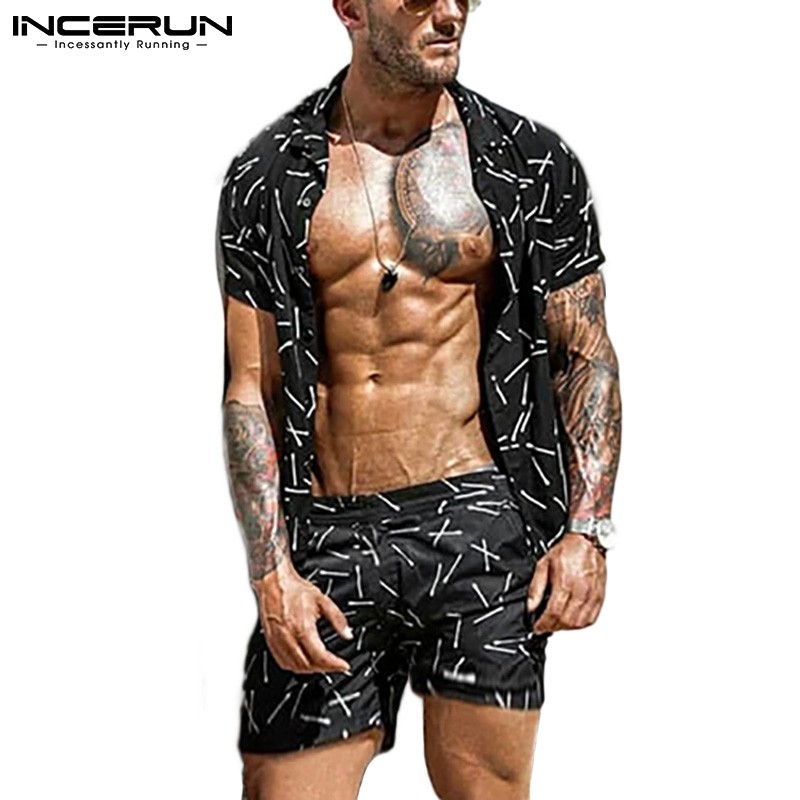 Bộ Đồ INCERUN Gồm Áo Sơ Mi Tay Ngắn In Hoa Và Quần Ngắn Thời Trang Cho Nam