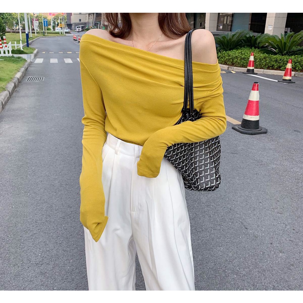 (ORDER) Áo thun dài tay mùa thu cổ rộng hở lệch vai gợi cảm form thụng style Hàn Quốc sang chảnh