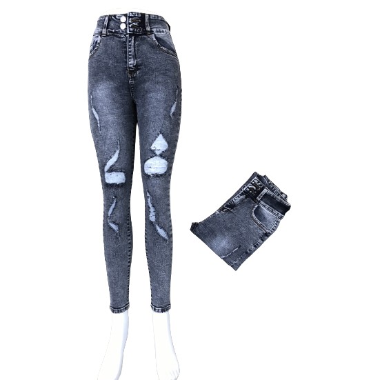 [35-65kg] Quần jean dài nữ lưng cao 2 nút mẫu rách cào màu xám