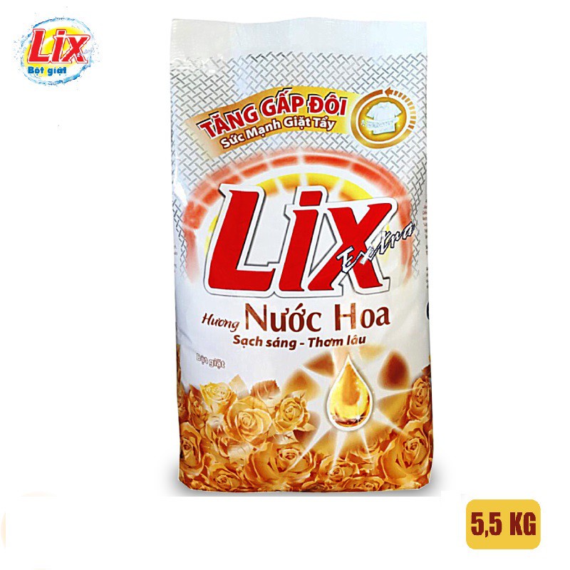 Bột giặt Lix Extra hương nước hoa 5.5kg EH554 tăng gấp đôi sức mạnh giặt tẩy quần áo sạch thơm lâu cho giặt tay, máy