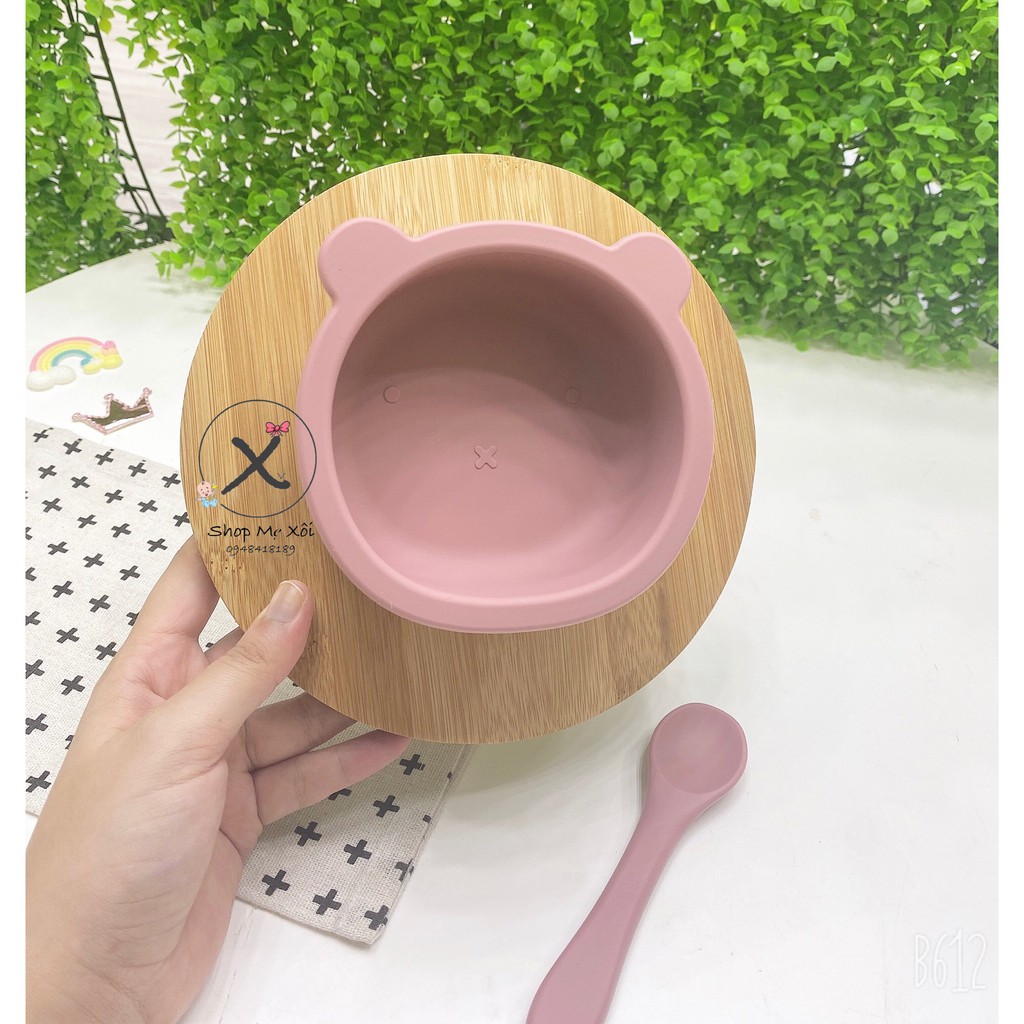 Bát silicon hình gấu kèm thìa có đế hút chống lật phong cách Hàn Quốc
