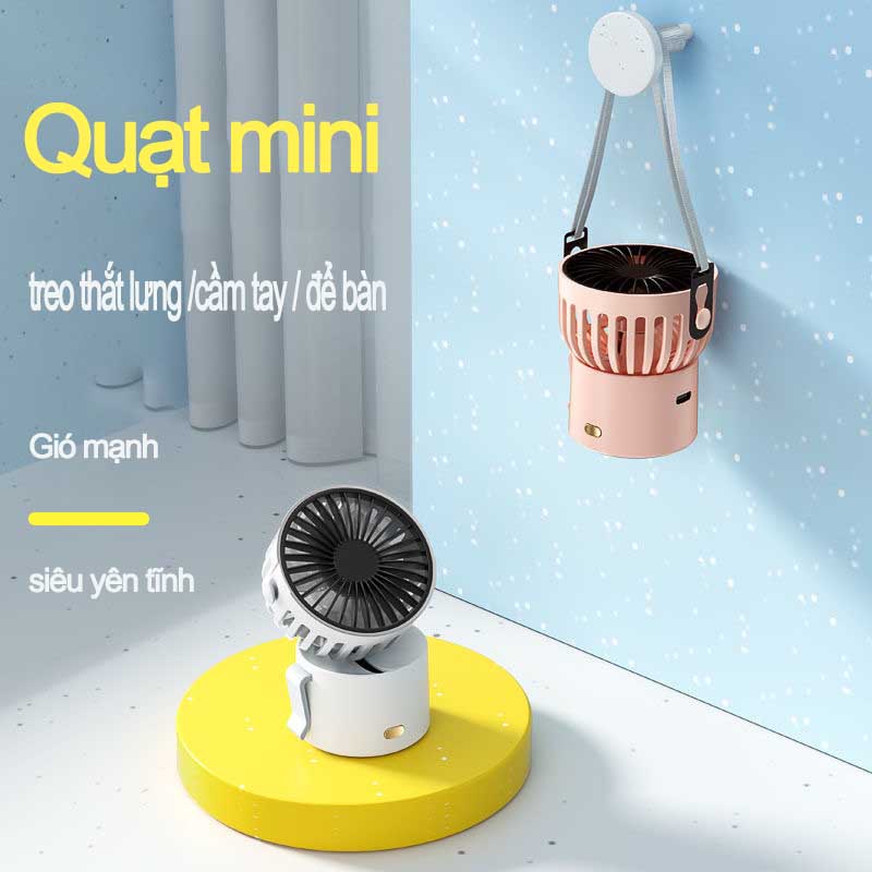 Quạt mini tích điện cầm tay có đế để bàn 3 tốc độ gió Quạt đeo cổ mini 3 màu tích điện usb pin trâu 1400mah