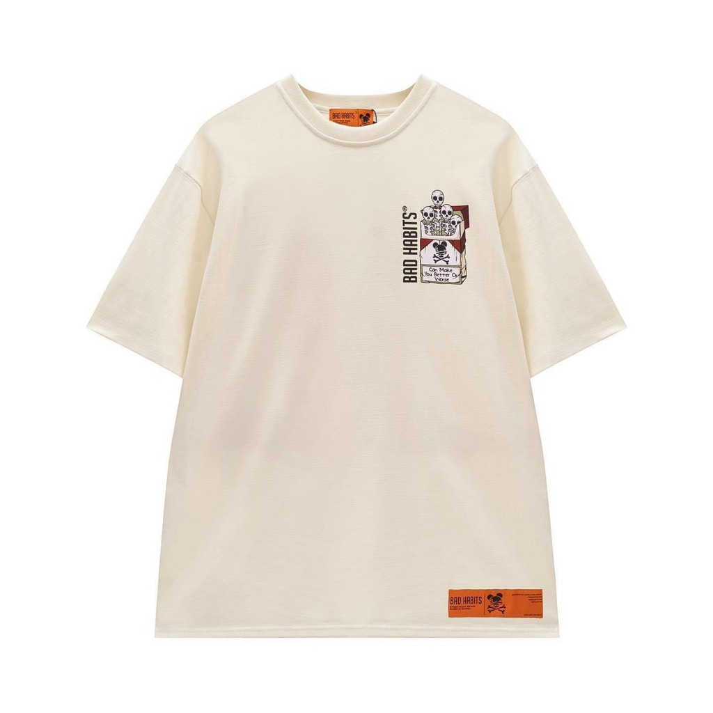 Áo thun Xương TOBACCO Unisex Nam Nữ Form Rộng Tay Lở Màu Kem