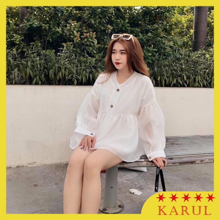Áo sơ mi babydoll trắng cổ V cúc nổi (hình thật/video/sẵn)