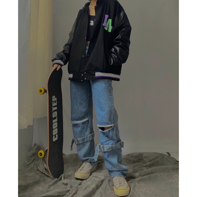 Áo Khoác Bomber L.A Tay Phối Da Unisex- Jacket Size M L XL XXL