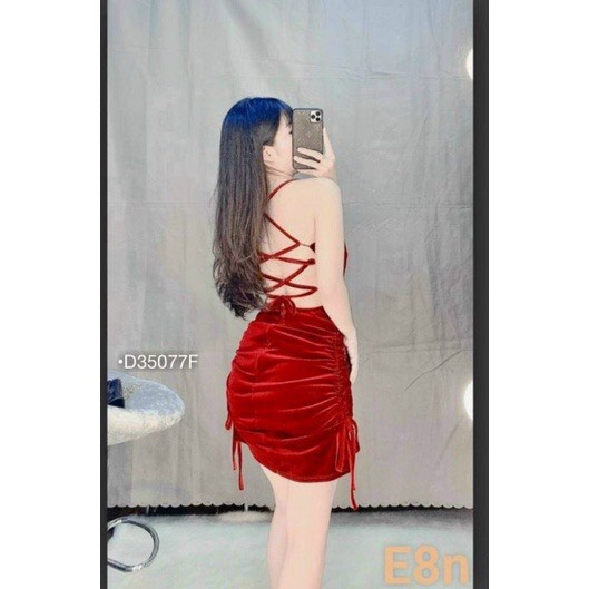 Đầm xẻ tà 2 bên hông đan dây chéo lưng nhung, váy nhung hở lưng đan dây 2 dây rút