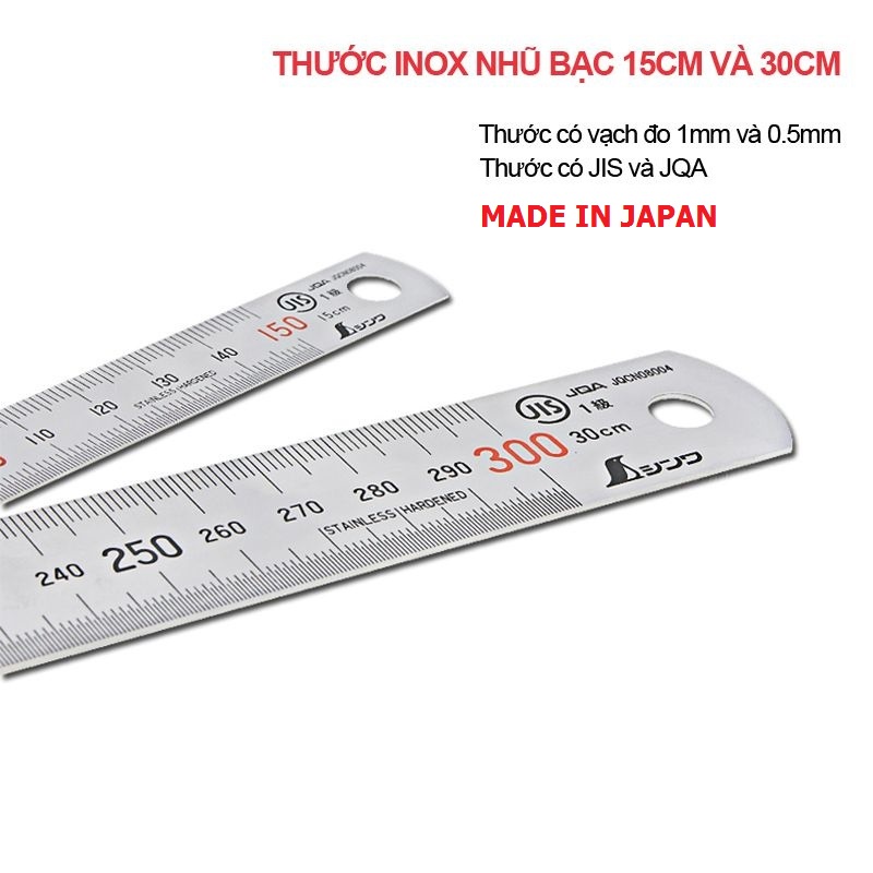 Thước lá Shinwa Nhật 150mm và 300mm 13005, 13013 - Thước INOX mạ nhũ bạc MADE IN JAPAN
