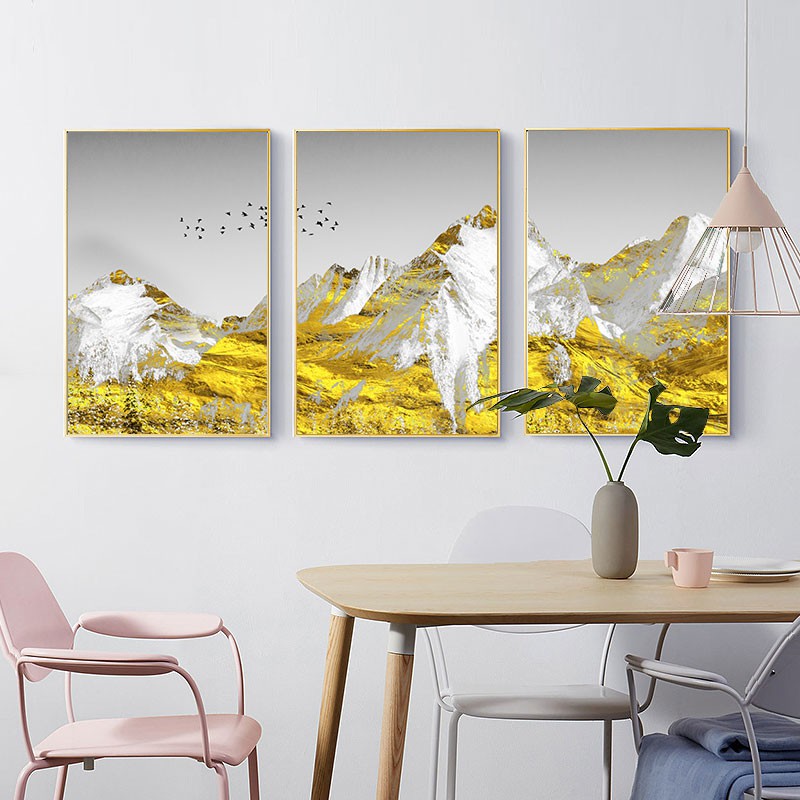Bộ 3 tranh treo tường hiện đại trừu tượng núi vàng may mắn  bóng kiếng hoặc vải canvas 4960 - a