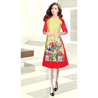SET ÁO DÀI CÁCH TÂN GẤM CAO CẤP phối tay màu vàng