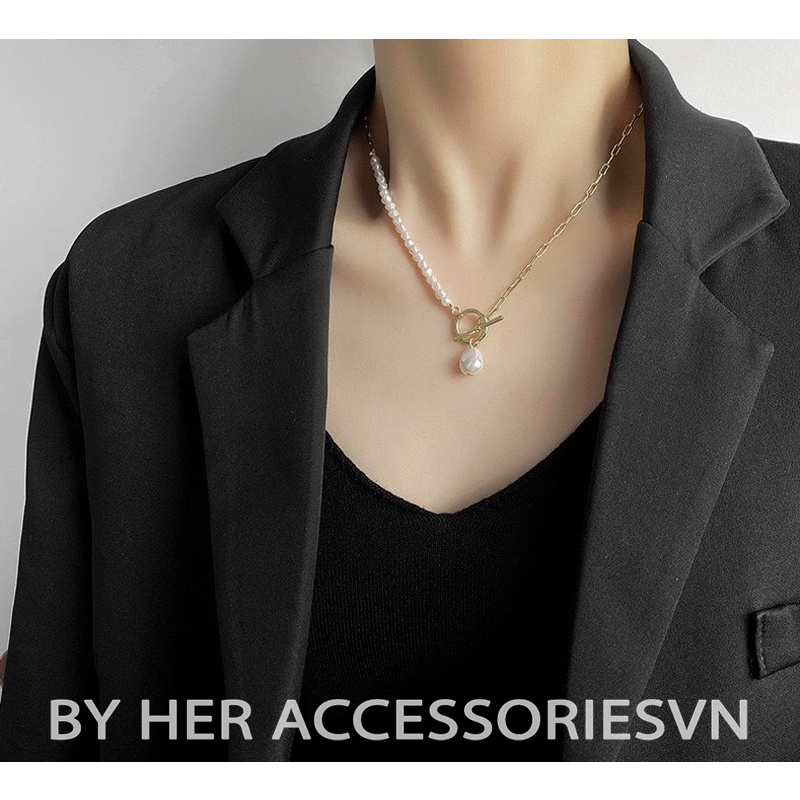 Dây chuyền chocker hạt trai, Vòng cổ nữ mặt tròn hạt trai tiểu thư thanh ngang Her Accessories C20