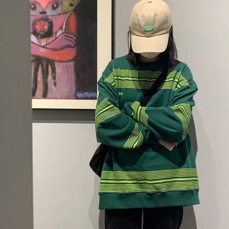 Áo Sweater Cổ Tròn Tay Dài Dáng Rộng Kẻ Sọc Kiểu Retro Đường Phố Cho Nữ