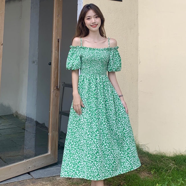 Váy dáng dài bo chun ngực, trễ vai xuất xứ Quảng Châu họa tiết hoa màu xanh lá cây siêu xinh