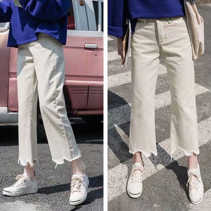 [Baywellfashion]Quần denim co giãn lưng cao thiết kế ống rộng màu trơn thời trang mùa thu cho nữ | BigBuy360 - bigbuy360.vn