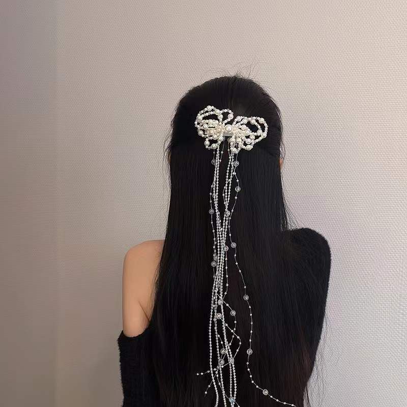 Kẹp Tóc Đính Hạt Ngọc Trai Tua Rua Phong Cách Hàn Quốc Đơn Giản Dành Cho Cô Dâu