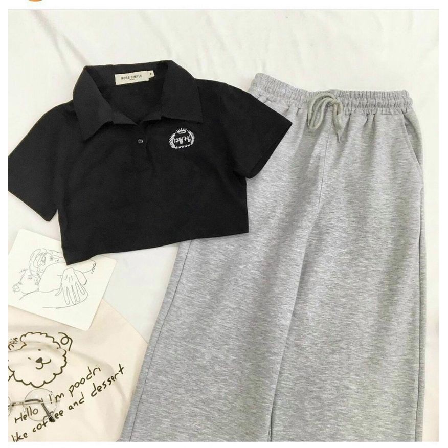 Set áo polo croptop quần suông ống rộng mẫu mới 🐼🐼🐼