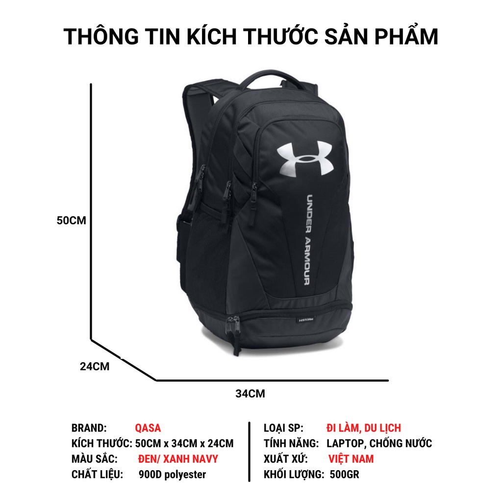 Balo du lich QASA thời trang nam nữ UA Hustle 3.0 unisex nhiều ngăn chống nước có ngăn đựng giày