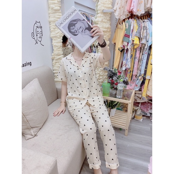 Bộ pijama mặc nhà bộ ngủ nữ bộ đũi tay cộc quần dài chất siêu mát mùa hè 2023 Kingofpijamas