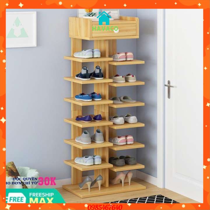 Kệ giầy dép gỗ 7 tầng có ngăn tủ phụ - Kệ giầy dép gỗ đẹp