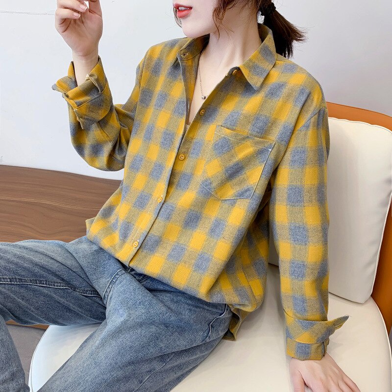 Áo sơ mi SixSisters vải cotton tay dài phối sọc caro cho nữ