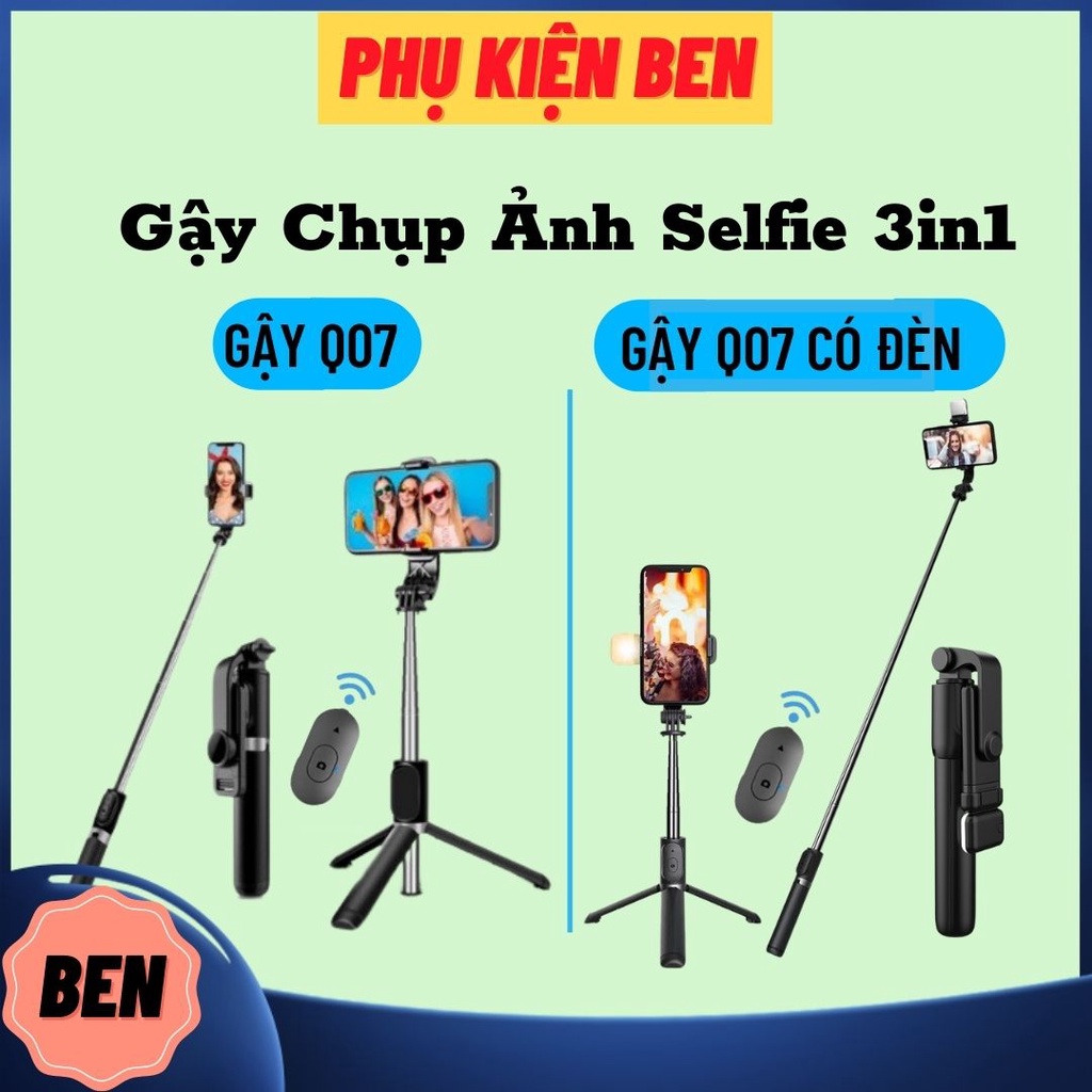 Gậy Chụp Ảnh Tự Sướng Bluetooth 3 Chân Đa Năng Q07,Q07s Có Đèn, Kèm Remote Siêu Tiện Lợi