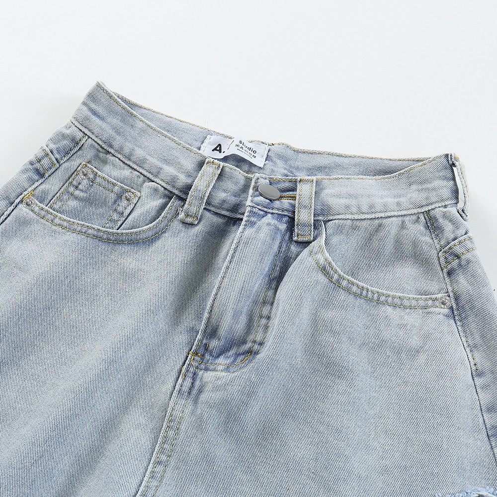 NUZIRO  Quần short denim  lưng cao phong cách Hàn Quốc cho nữ