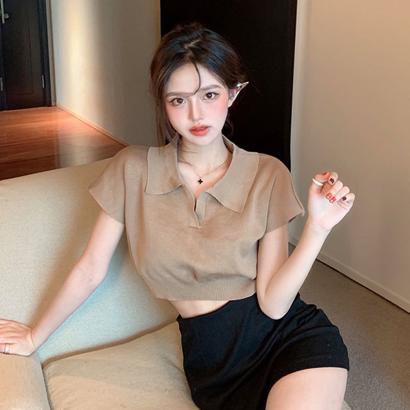 （4 Màu）Áo Thun Polo Dệt Kim Tay Ngắn Cổ Bẻ Màu Trơn Dáng Ôm Thời Trang Cho Nữ
