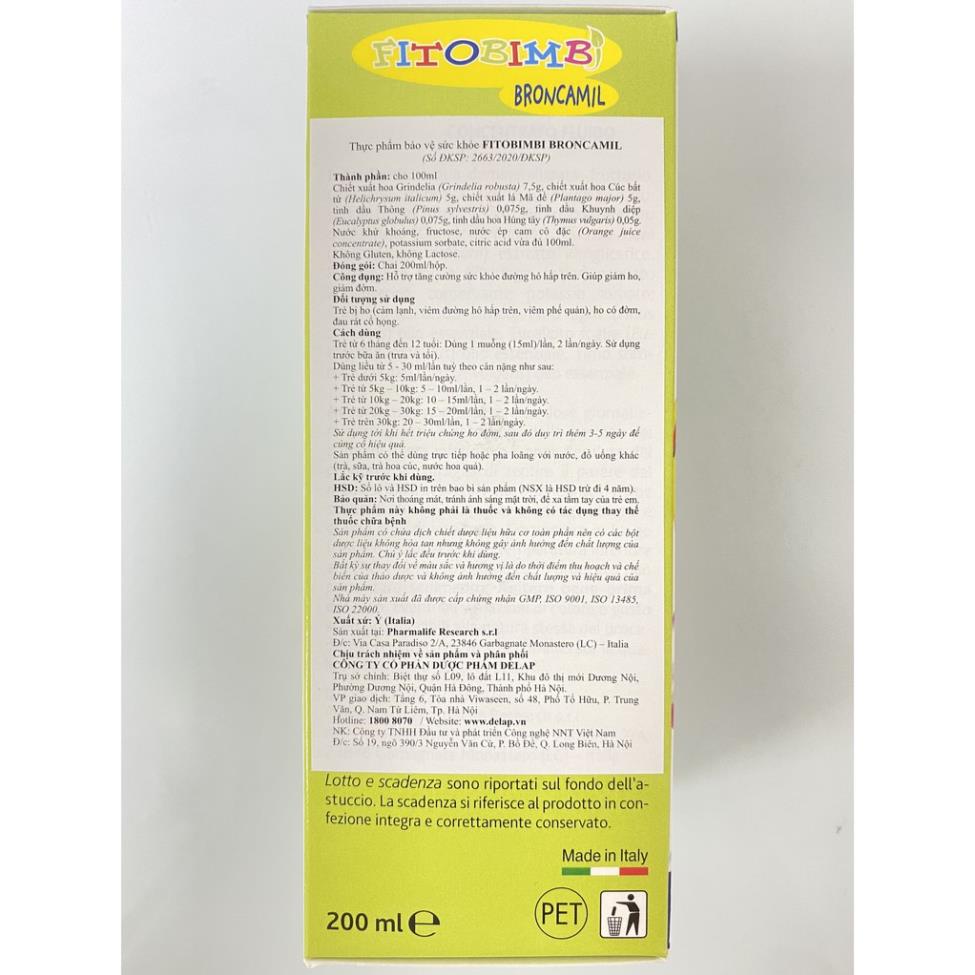 BRONCAMIL FITO BIMBI,Thảo Dược Ho Có Đờm,Viêm Họng,Viêm Phế Quản,Làm Dịu Mát Họng Đường Hô Hấp