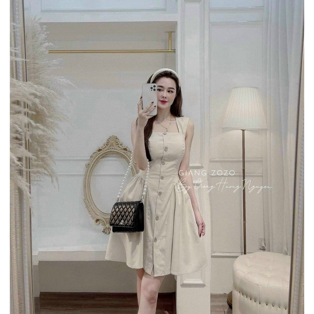 [Sales FreeShip] váy hai dây mặc đi chơi, đầm reto dáng xòe đính nút thanh lịch, váy basic Hàn Quốc hai dây