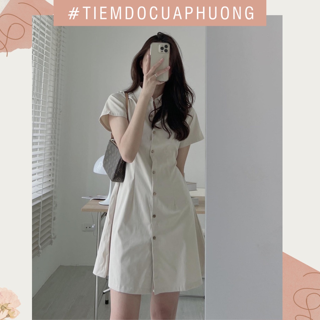 Váy/đầm sơ mi dáng suông chất kaki mềm có chun lưng