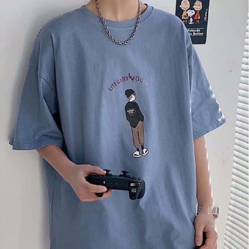 Áo thun tay ngắn cổ tròn dáng rộng in họa tiết hoạt hình phong cách đường phố Hàn Quốc cho nam